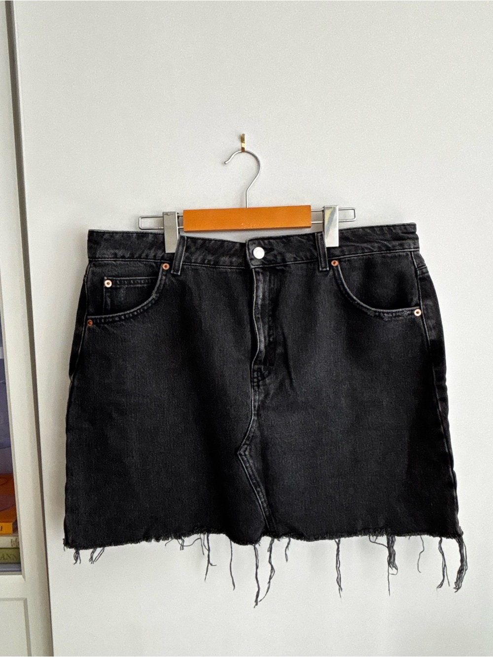 Topshop Black Distressed Hem Denim Mini Skirt